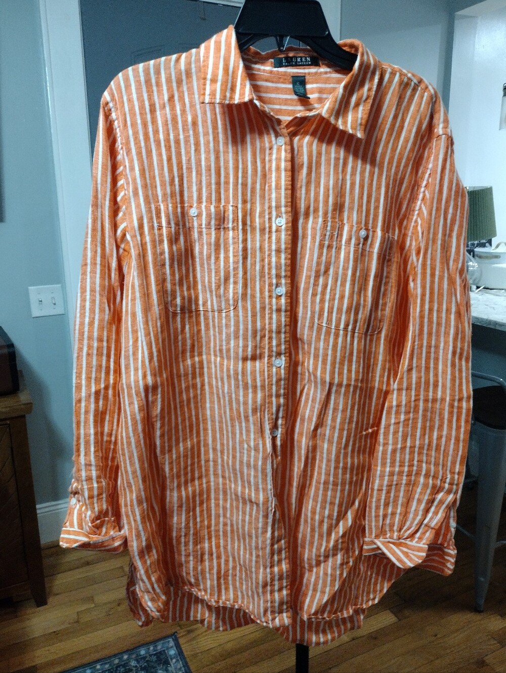 Lauren Ralph Lauren Orange And White Stripe Linen Button Down